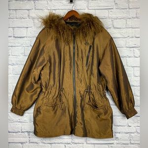Vintage Greg Bell Gold Bronze Parachute Coat Tibet Lamb Fur Hood Medium 90’s